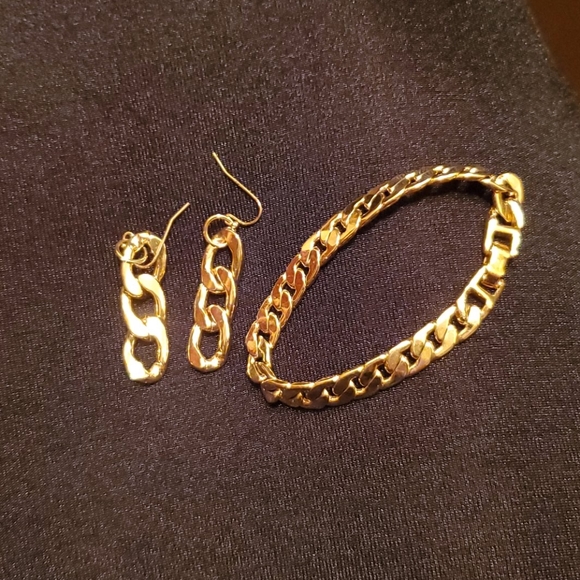 Gold plated Cuban chain by the inch earrings and bracelet set - Picture 1 of 5